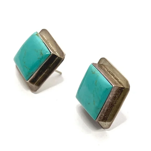 Silver Turquoise Square Post Earrings - Vintage - 7/8" Square - Mid Century - Picture 2 of 8